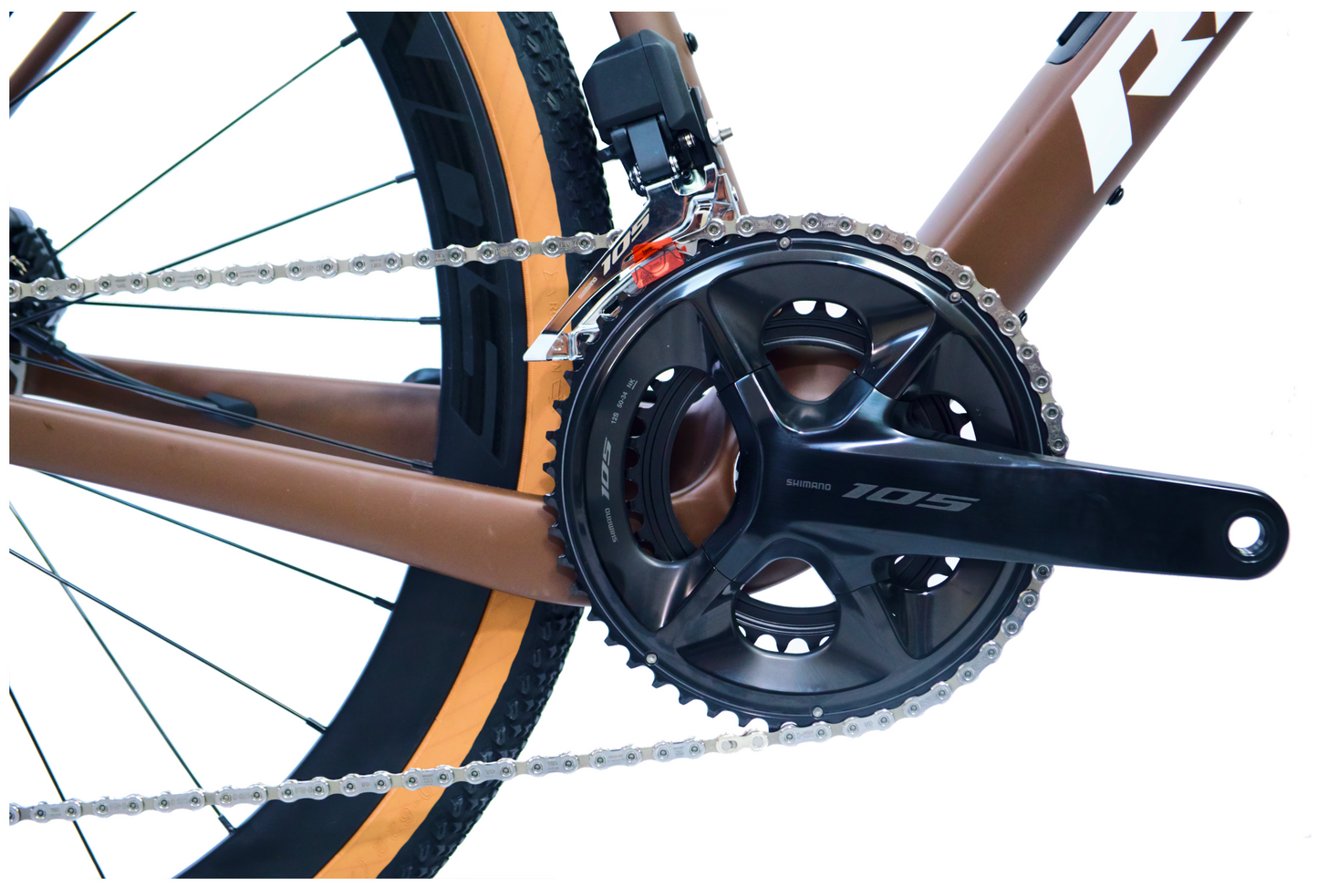 Close-up of Shimano DI2 chain and gear system on a 'Rinos' bike