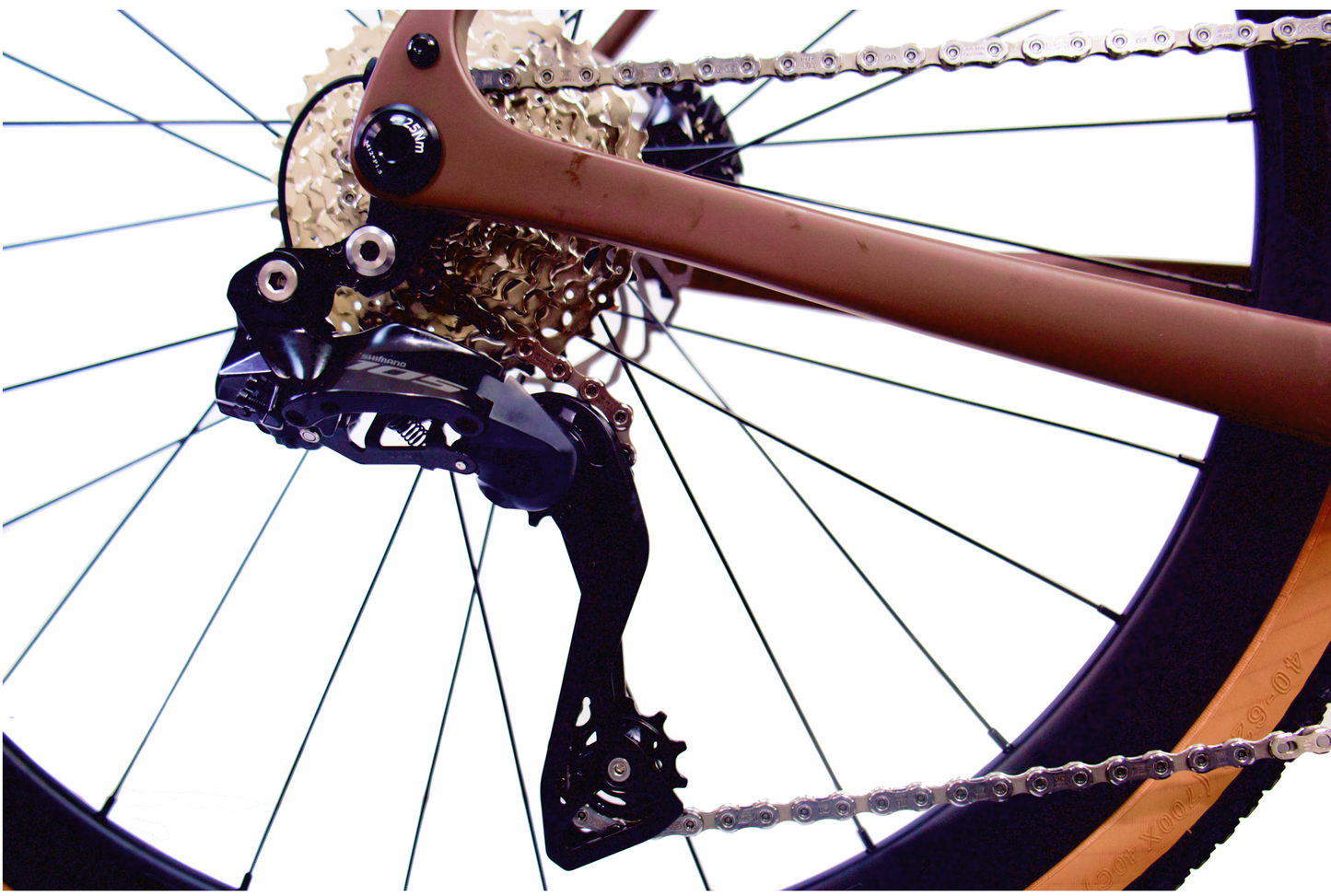 Close-up of DI2 rear derailleur system on the 'Rinos' bike frame