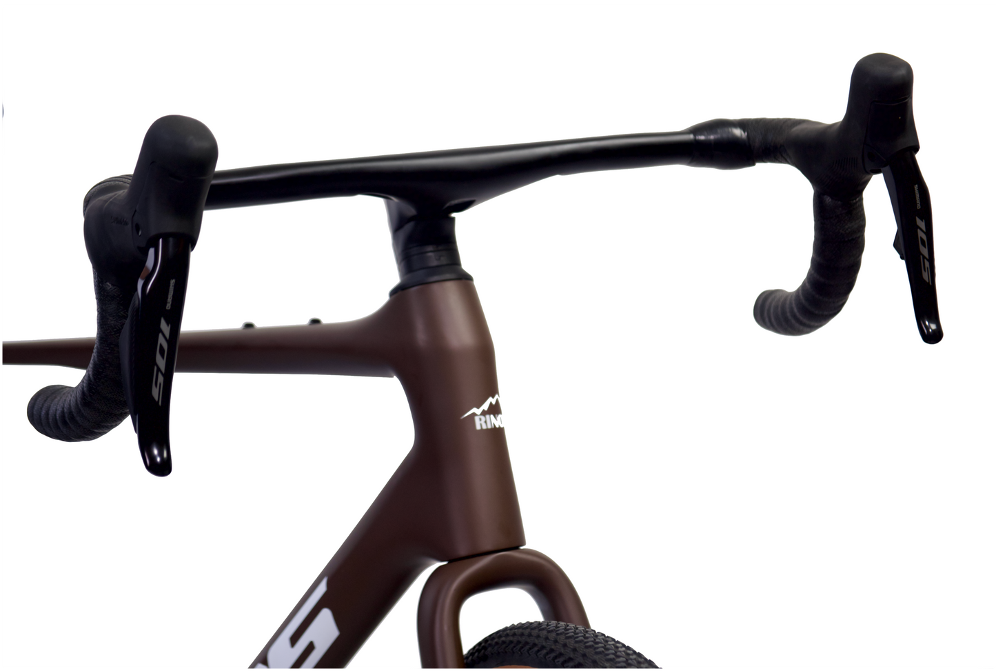 Close-up of the 'Rinos' handlebar with brown fork and DI2 105 shifters
