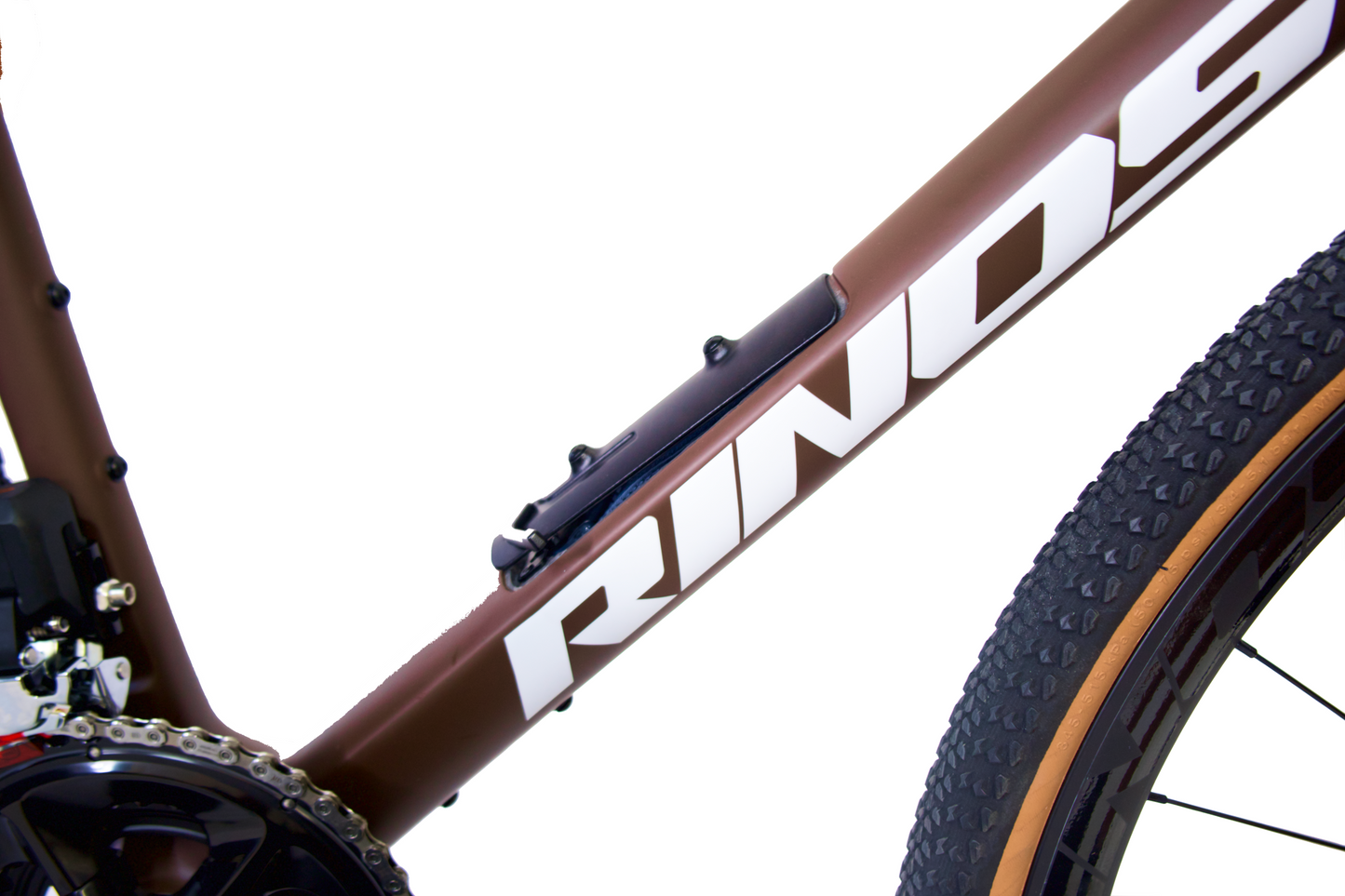 Close-up of 'Rinos' bicycle frame with bottle holder mount