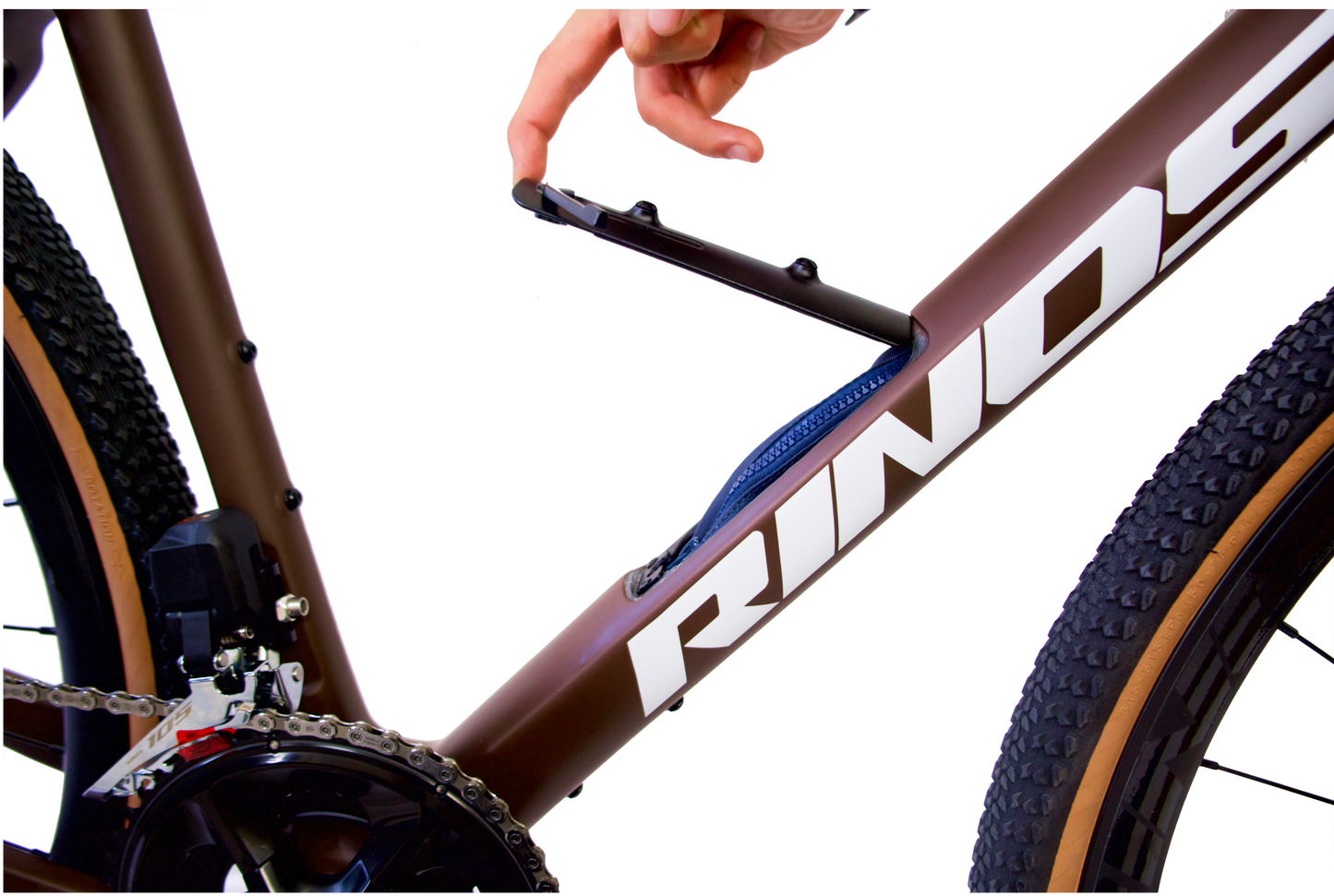 Close-up of 'Rinos' bicycle frame with bottle holder mount opened for a compartment storage